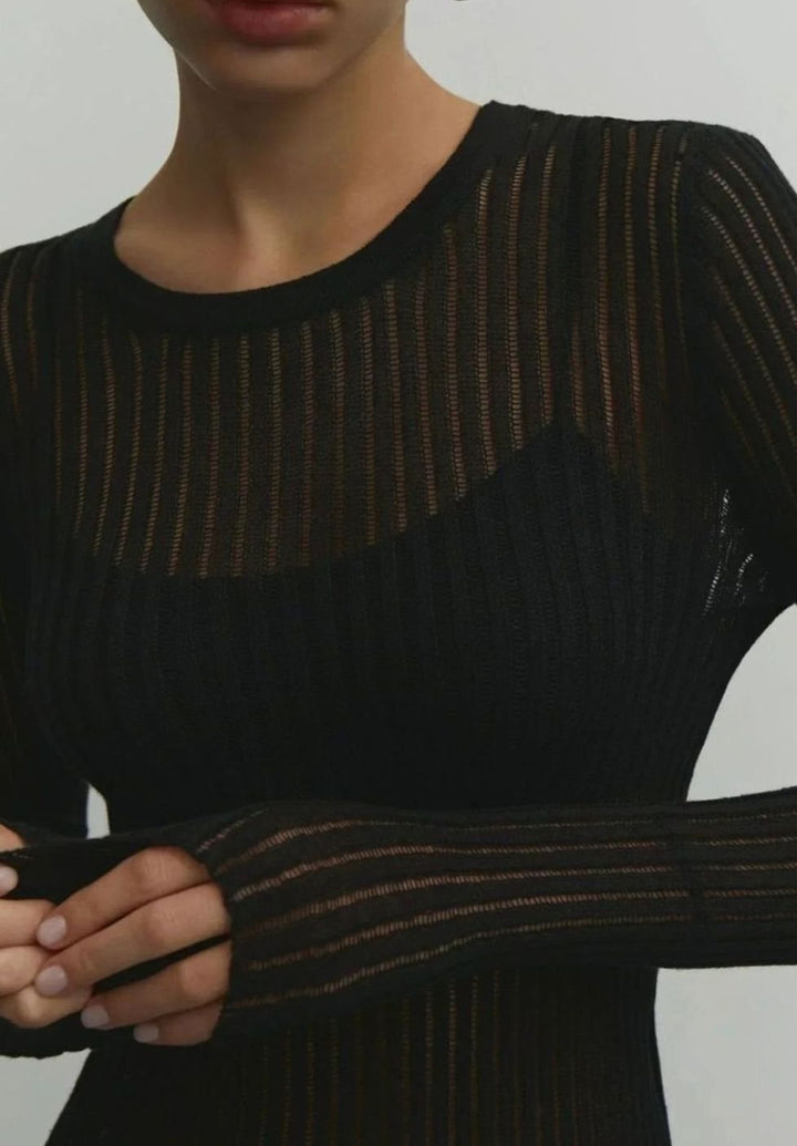 Women's Sheer Ribbed Long-Sleeve Knit Top Crew Neck
