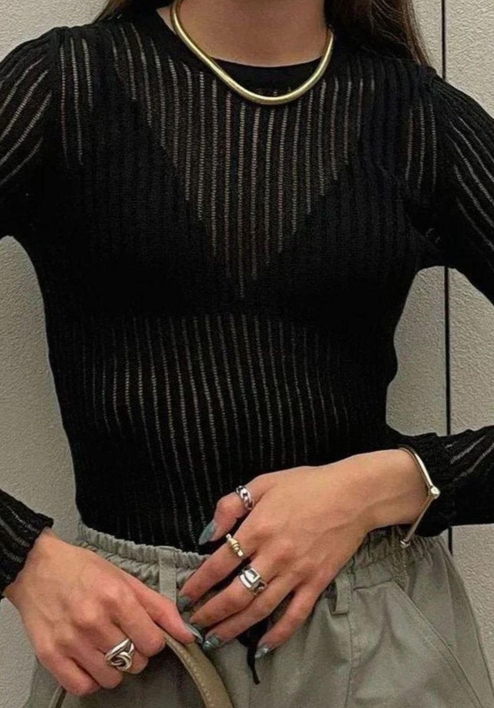 Women's Sheer Ribbed Long-Sleeve Knit Top Crew Neck