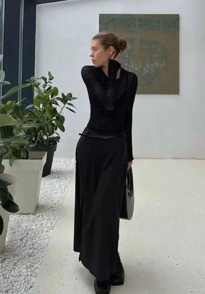 Women's Sheer Ribbed Long-Sleeve Knit Top Crew Neck