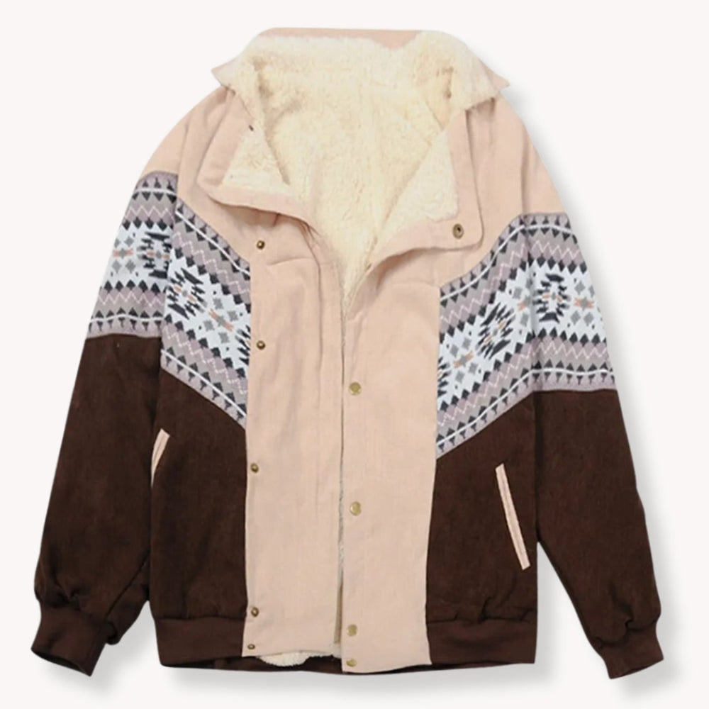 Women's Sherpa-Lined Aztec Print Colour-Block Winter Jacket