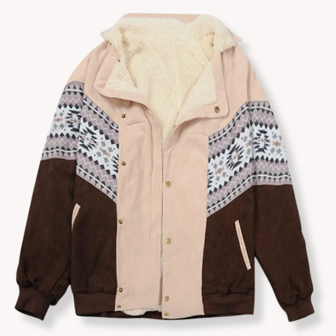 Women's Sherpa-Lined Aztec Print Colour-Block Winter Jacket