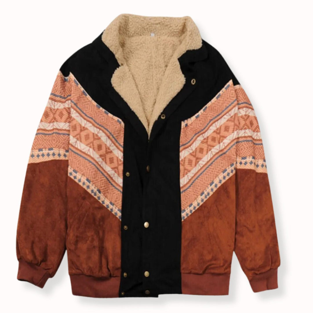 Women's Sherpa-Lined Aztec Print Colour-Block Winter Jacket - Auburn