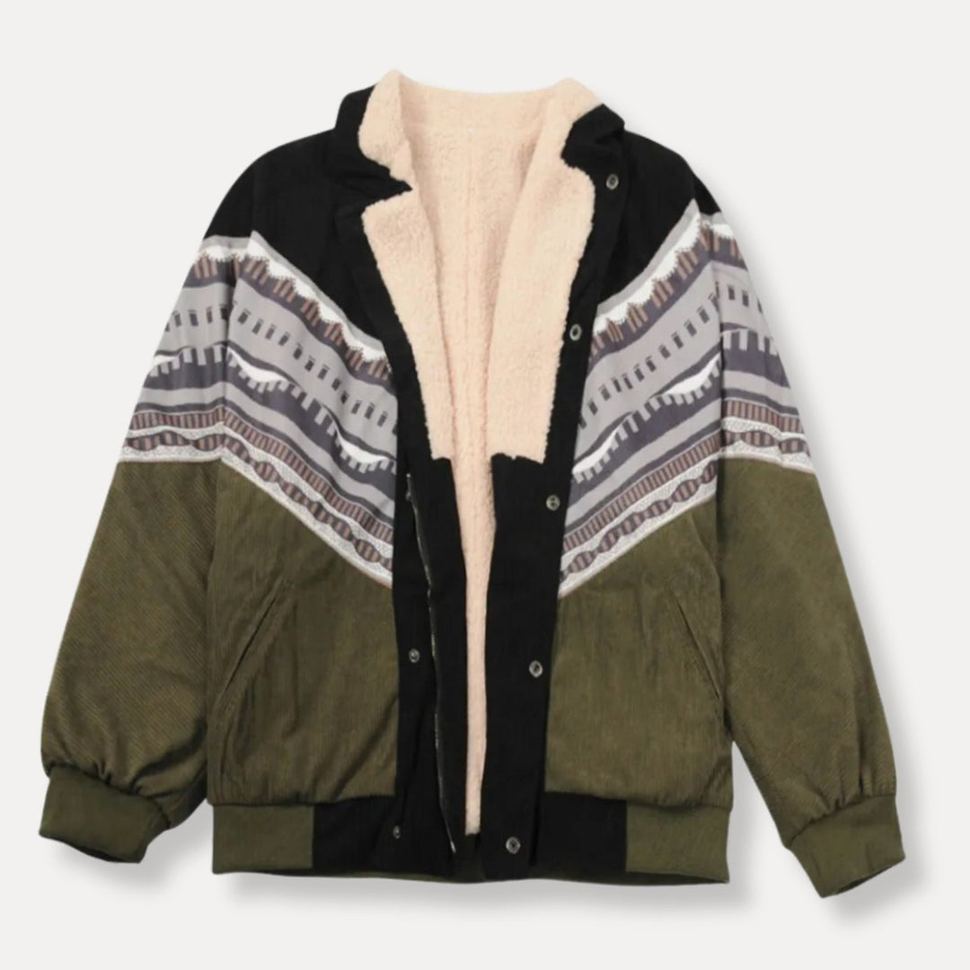 Women's Sherpa-Lined Aztec Print Colour-Block Winter Jacket