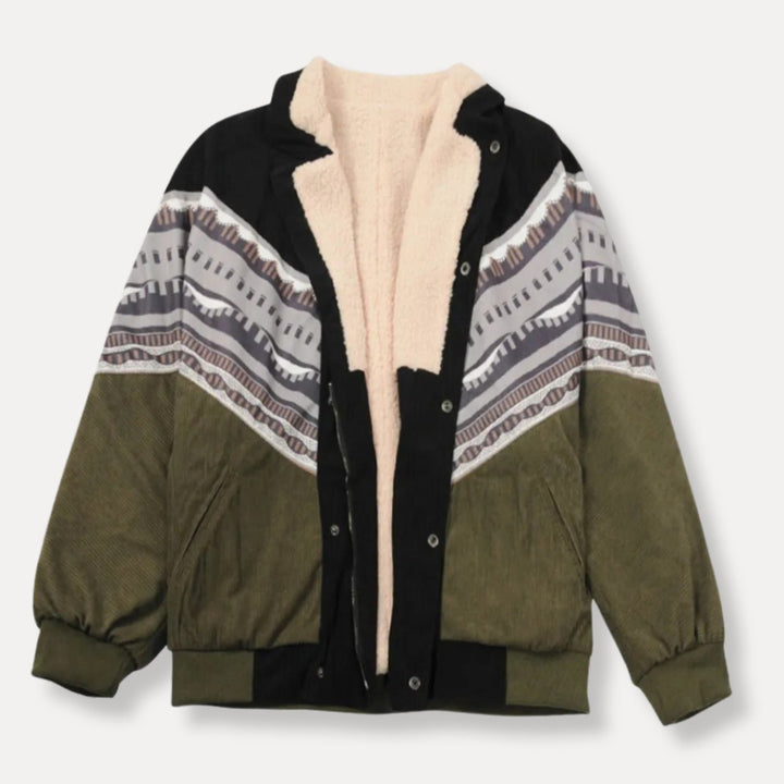 Women's Sherpa-Lined Aztec Print Colour-Block Winter Jacket