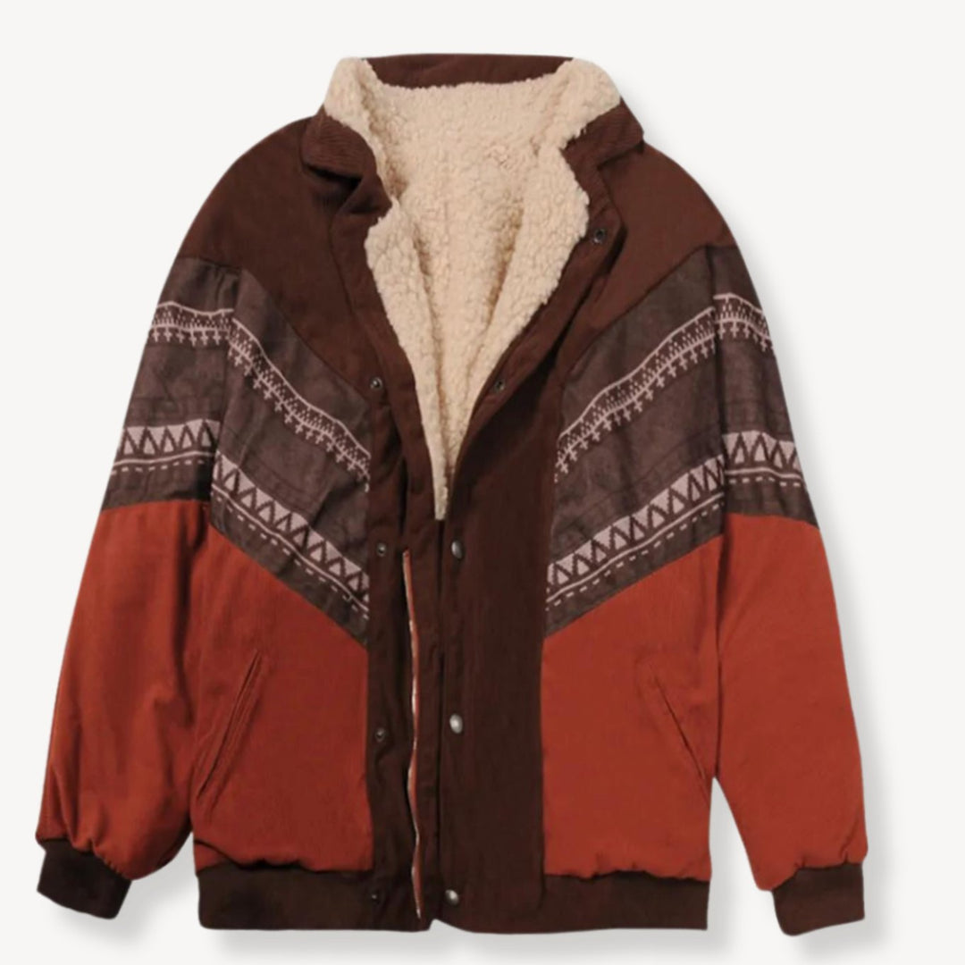 Women's Sherpa-Lined Aztec Print Colour-Block Winter Jacket