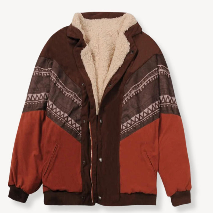 Women's Sherpa-Lined Aztec Print Colour-Block Winter Jacket
