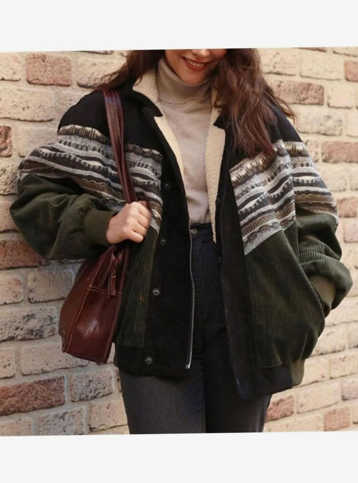 Women's Sherpa-Lined Aztec Print Colour-Block Winter Jacket