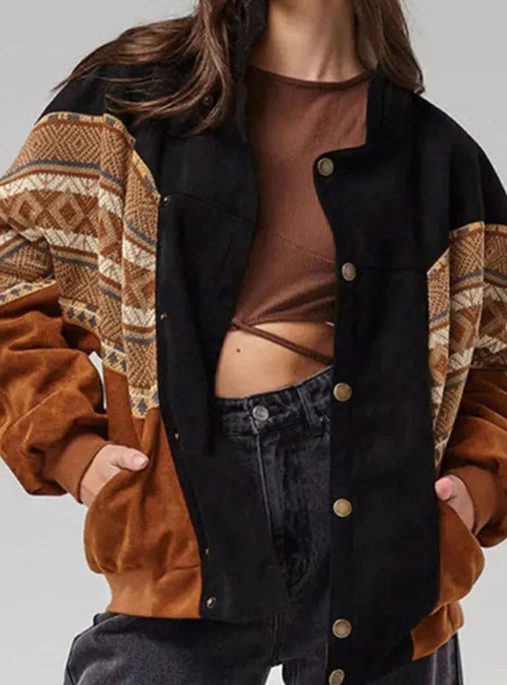 Women's Sherpa-Lined Aztec Print Colour-Block Winter Jacket