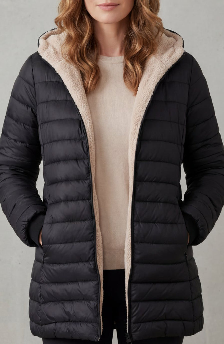 Women's Sherpa-Lined Hooded Puffer Coat - Black
