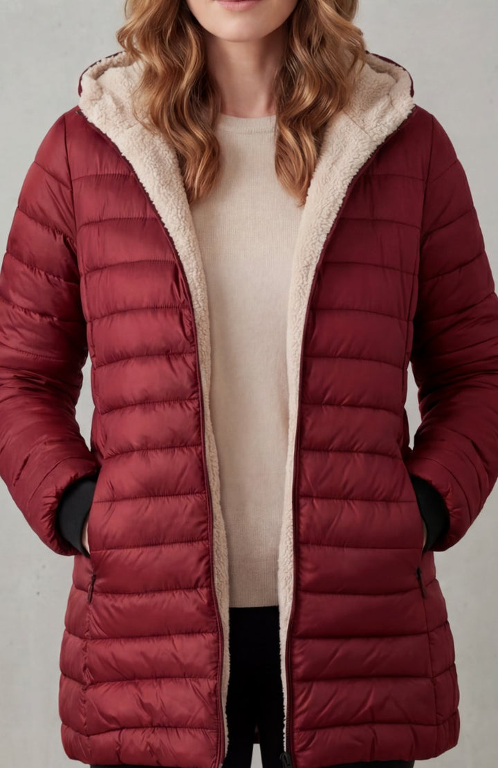 Women's Sherpa-Lined Hooded Puffer Coat - Red
