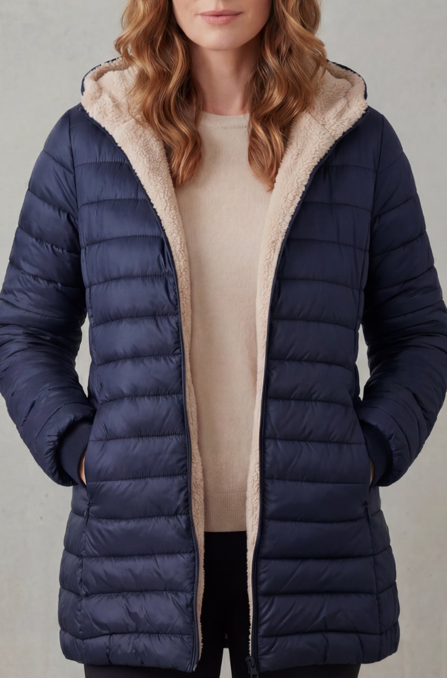 Women's Sherpa-Lined Hooded Puffer Coat - Dark Blue