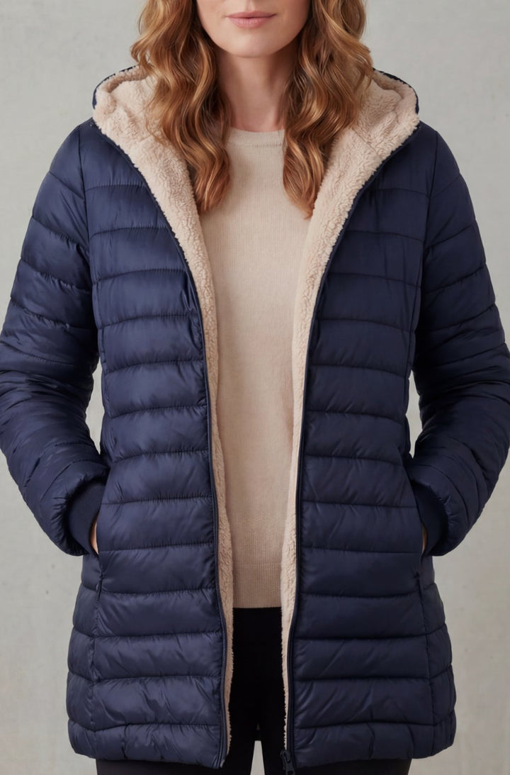 Women's Sherpa-Lined Hooded Puffer Coat - Dark Blue
