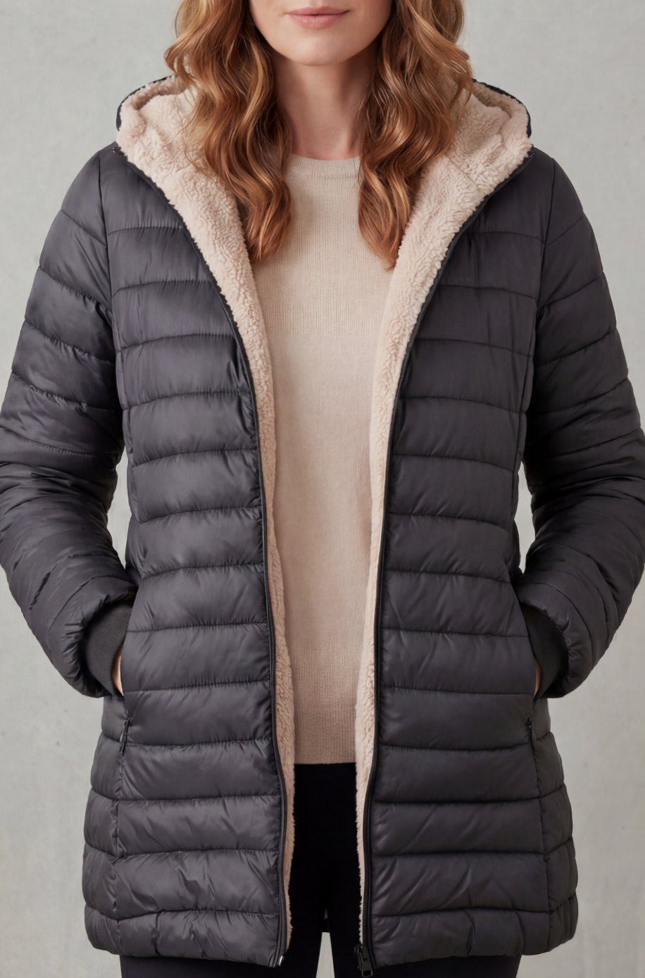 Women's Sherpa-Lined Hooded Puffer Coat - Grey