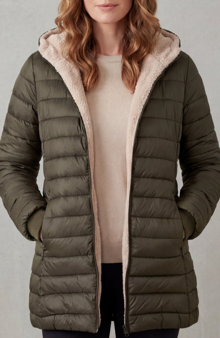 Women's Sherpa-Lined Hooded Puffer Coat - Dark Green
