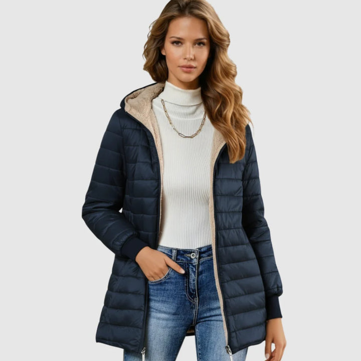 Women's Sherpa-Lined Hooded Quilted Winter Coat - Blue