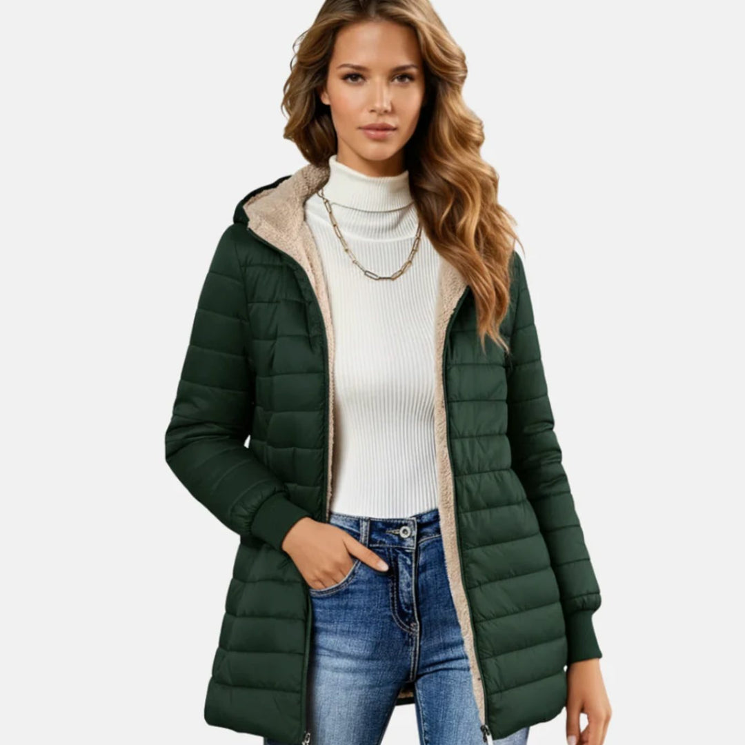 Women's Sherpa-Lined Hooded Quilted Winter Coat - Green