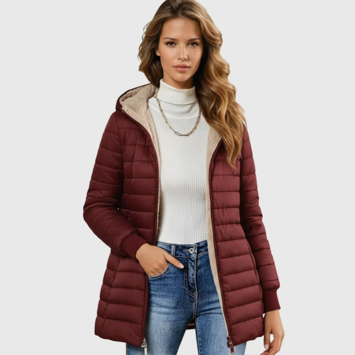 Women's Sherpa-Lined Hooded Quilted Winter Coat - Red