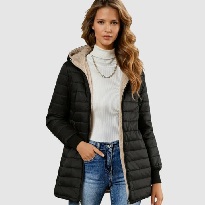 Women's Sherpa-Lined Hooded Quilted Winter Coat - Black