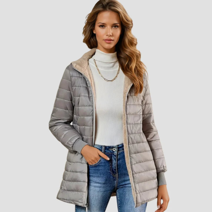 Women's Sherpa-Lined Hooded Quilted Winter Coat - Grey