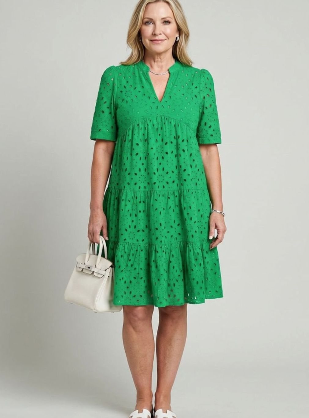 Women's Short Sleeve Tiered Eyelet Knee-Length Dress
