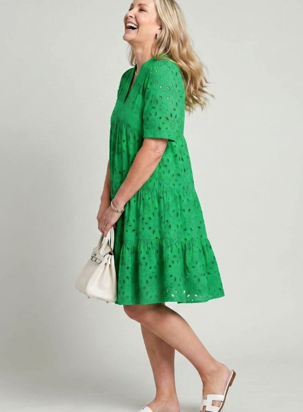 Women's Short Sleeve Tiered Eyelet Knee-Length Dress