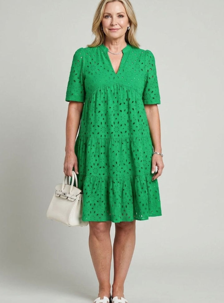 Women's Short Sleeve Tiered Eyelet Knee-Length Dress, Green