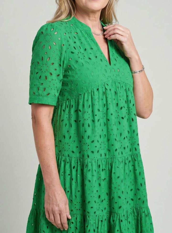 Women's Short Sleeve Tiered Eyelet Knee-Length Dress, Green