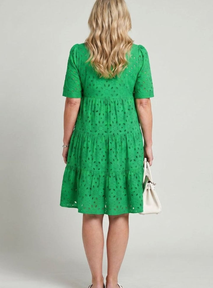 Women's Short Sleeve Tiered Eyelet Knee-Length Dress, Green
