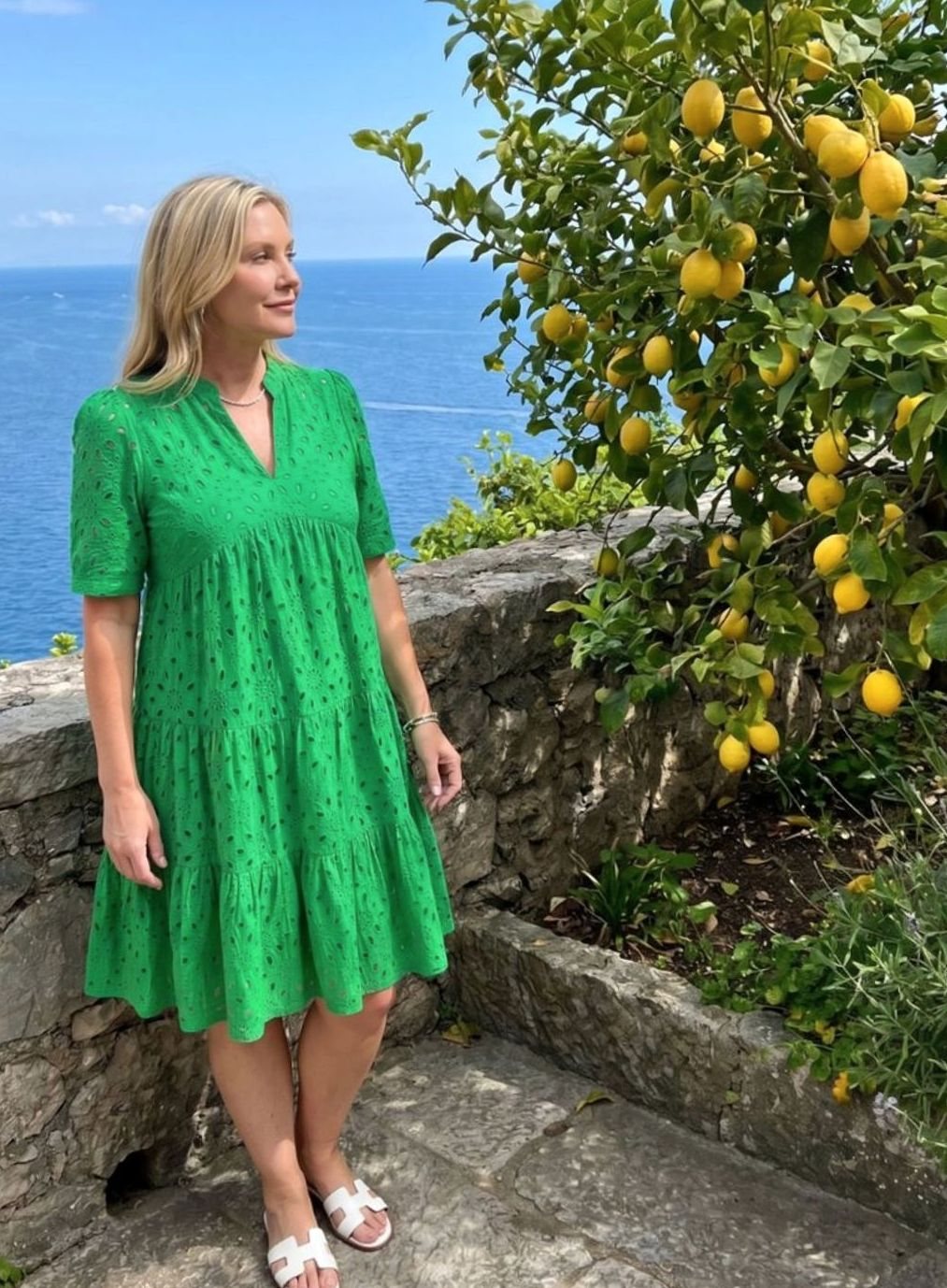 Women's Short Sleeve Tiered Eyelet Knee-Length Dress, Green