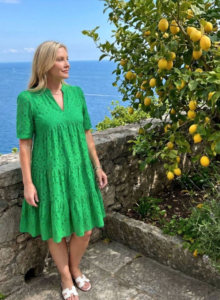Women's Short Sleeve Tiered Eyelet Knee-Length Dress, Green