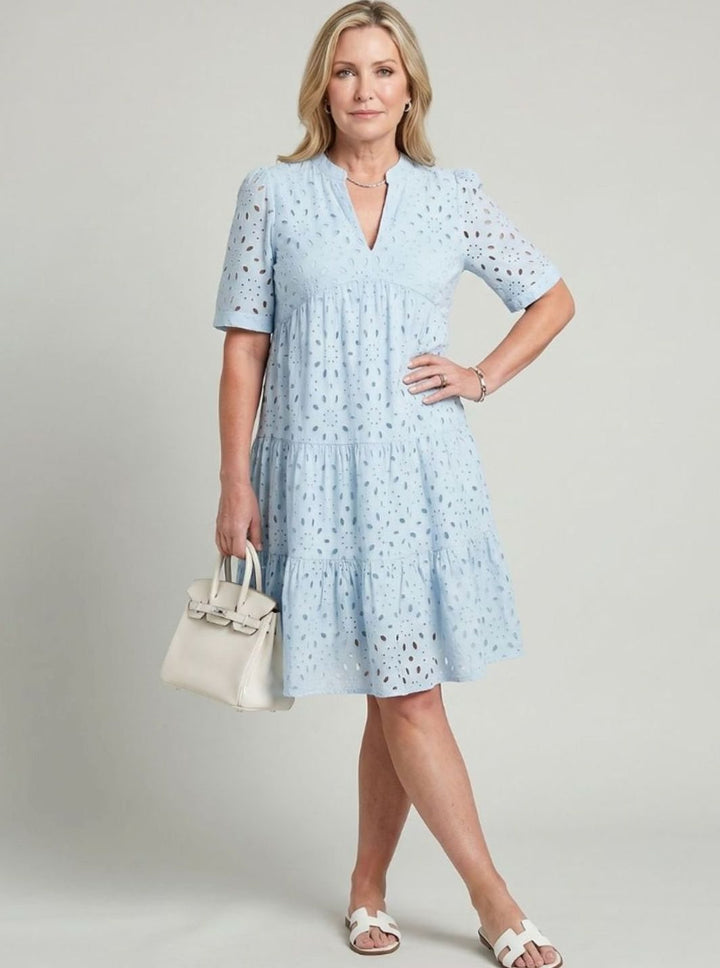 Women's Short Sleeve Tiered Eyelet Knee-Length Dress, Green