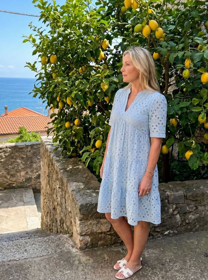 Women's Short Sleeve Tiered Eyelet Knee-Length Dress, Green