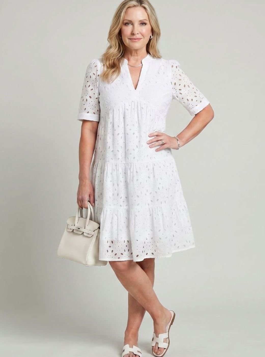 Women's Short Sleeve Tiered Eyelet Knee-Length Dress, Green