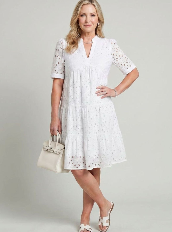 Women's Short Sleeve Tiered Eyelet Knee-Length Dress, Green