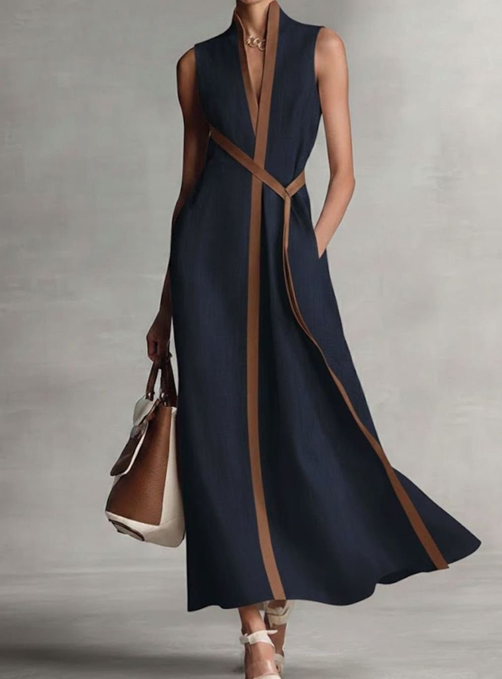Women's Sleeveless A-Line Contrast Trim Midi Dress
