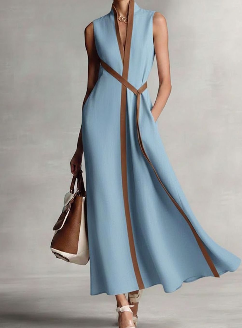 Women's Sleeveless A-Line Contrast Trim Midi Dress