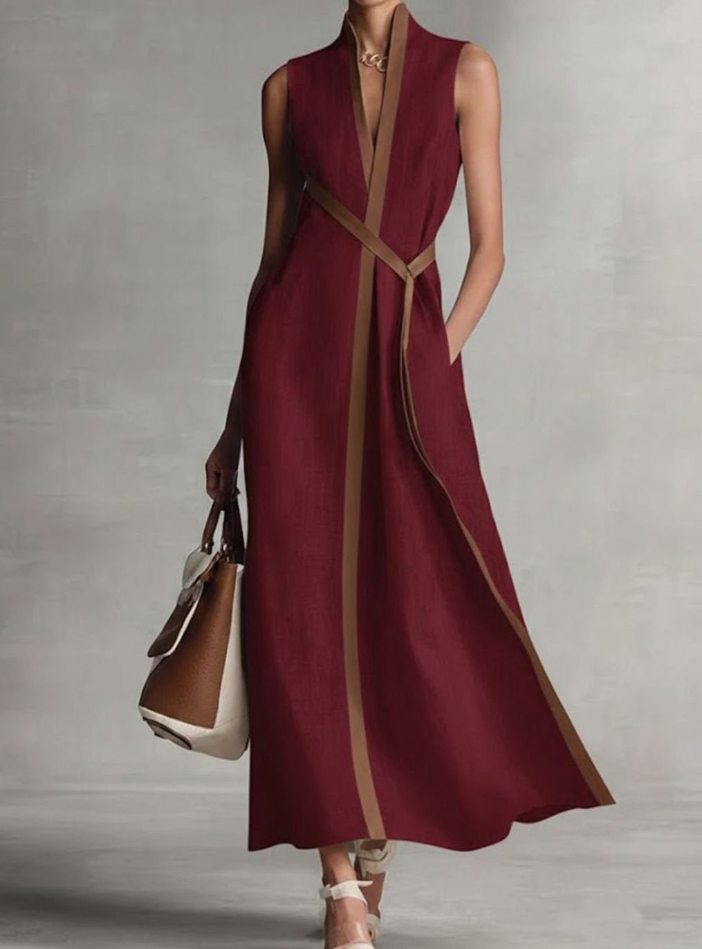 Women's Sleeveless A-Line Contrast Trim Midi Dress