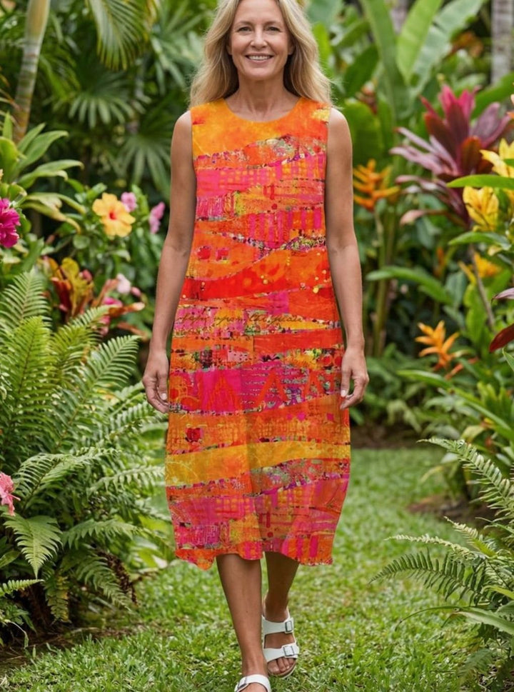 Women's Sleeveless Abstract Print Pull-On Midi Dress