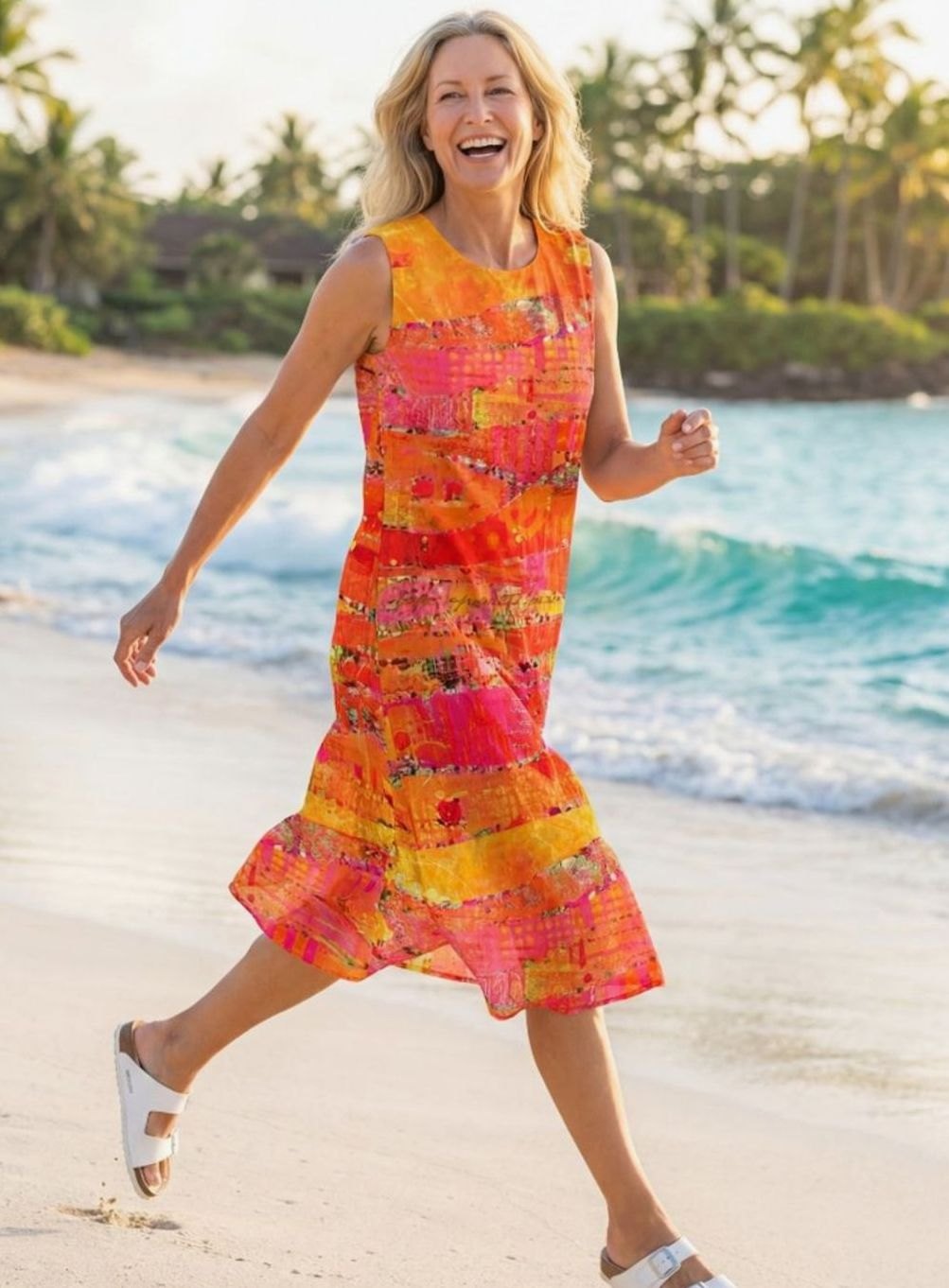 Women's Sleeveless Abstract Print Pull-On Midi Dress