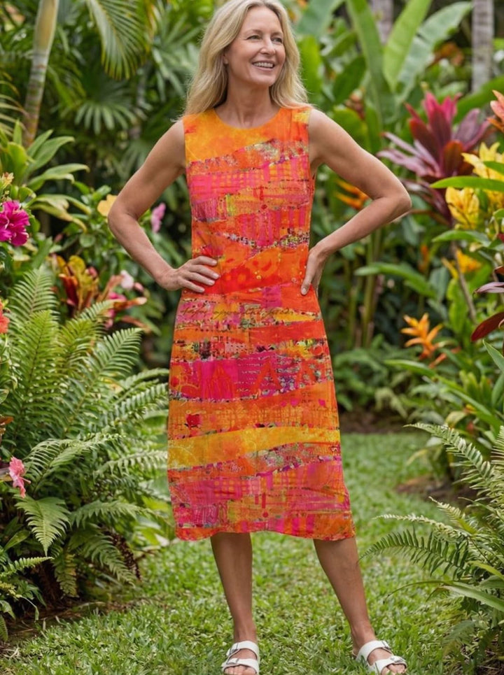 Women's Sleeveless Abstract Print Pull-On Midi Dress, Orange