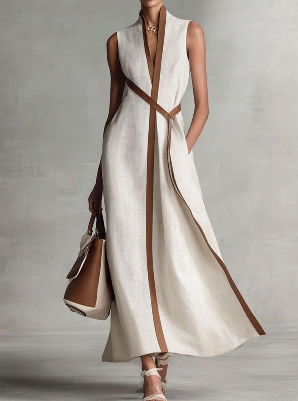 Women's Sleeveless Contrast Trim A-Line Midi Dress