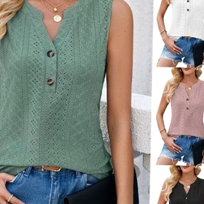 Women's Sleeveless Eyelet Button-Front Relaxed Blouse Top