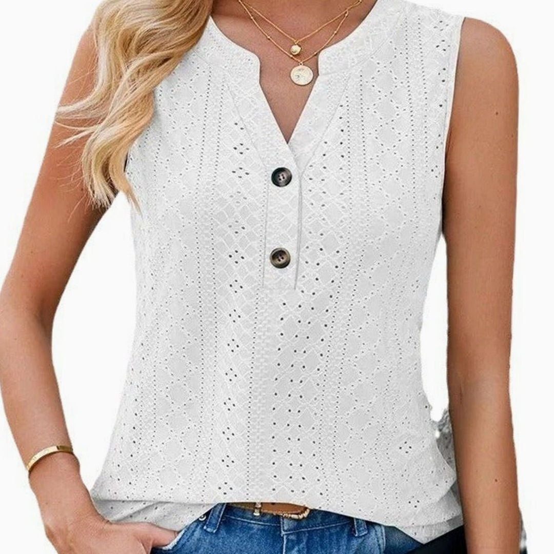 Women's Sleeveless Eyelet Button-Front Relaxed Blouse Top