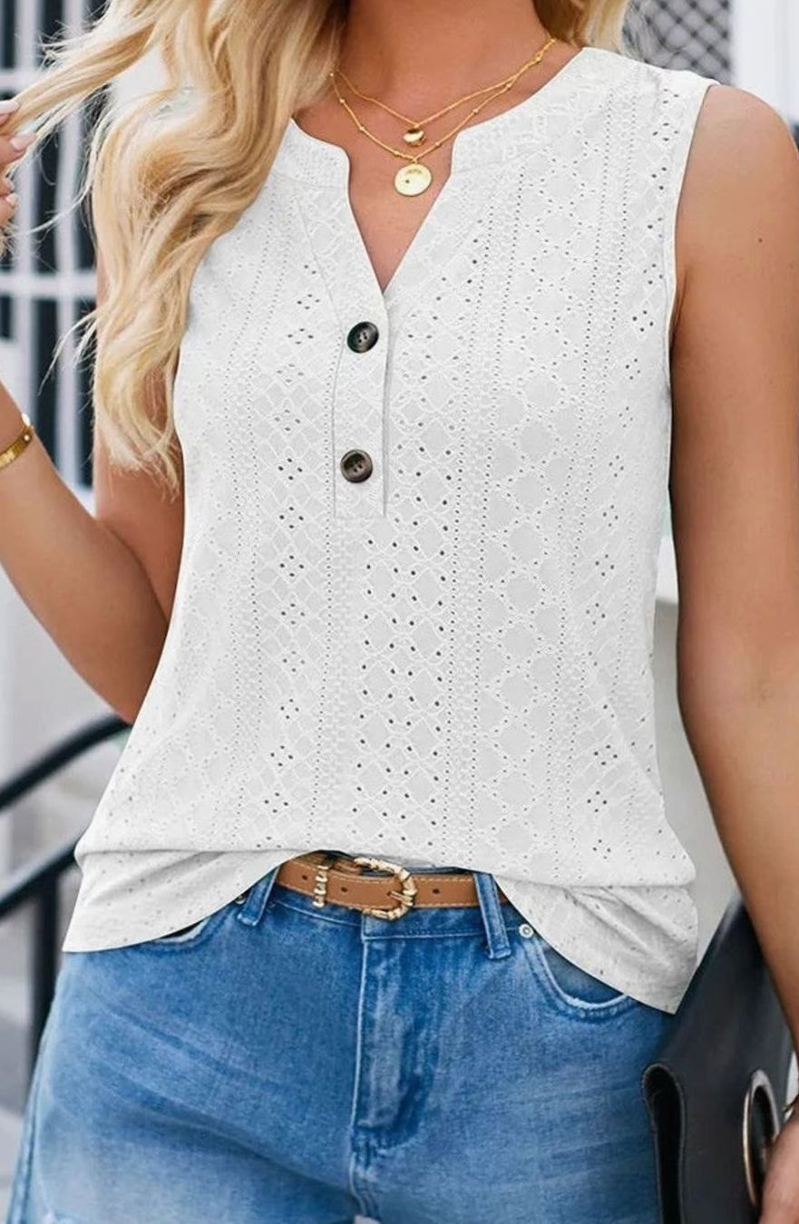 Women's Sleeveless Eyelet Button-Front Relaxed Blouse Top - White