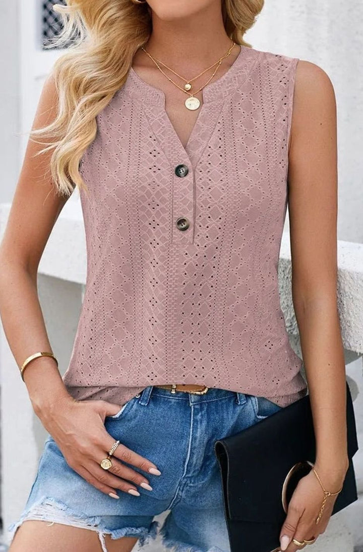 Women's Sleeveless Eyelet Button-Front Relaxed Blouse Top