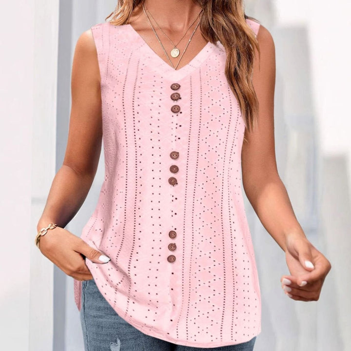 Women's Sleeveless Eyelet Button-Front V-Neck Blouse Top, Pink