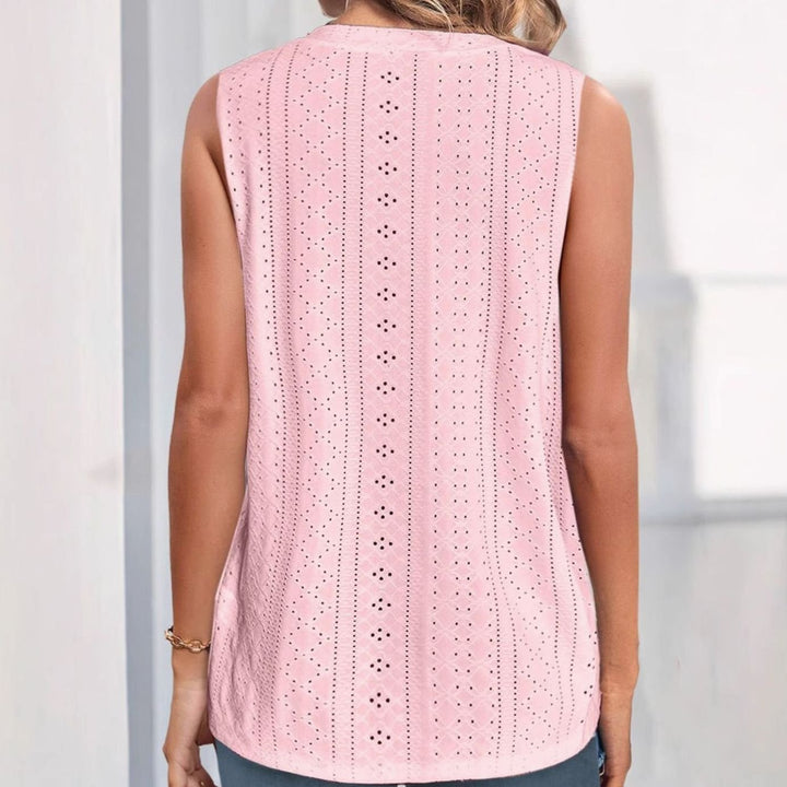 Women's Sleeveless Eyelet Button-Front V-Neck Blouse Top, Pink