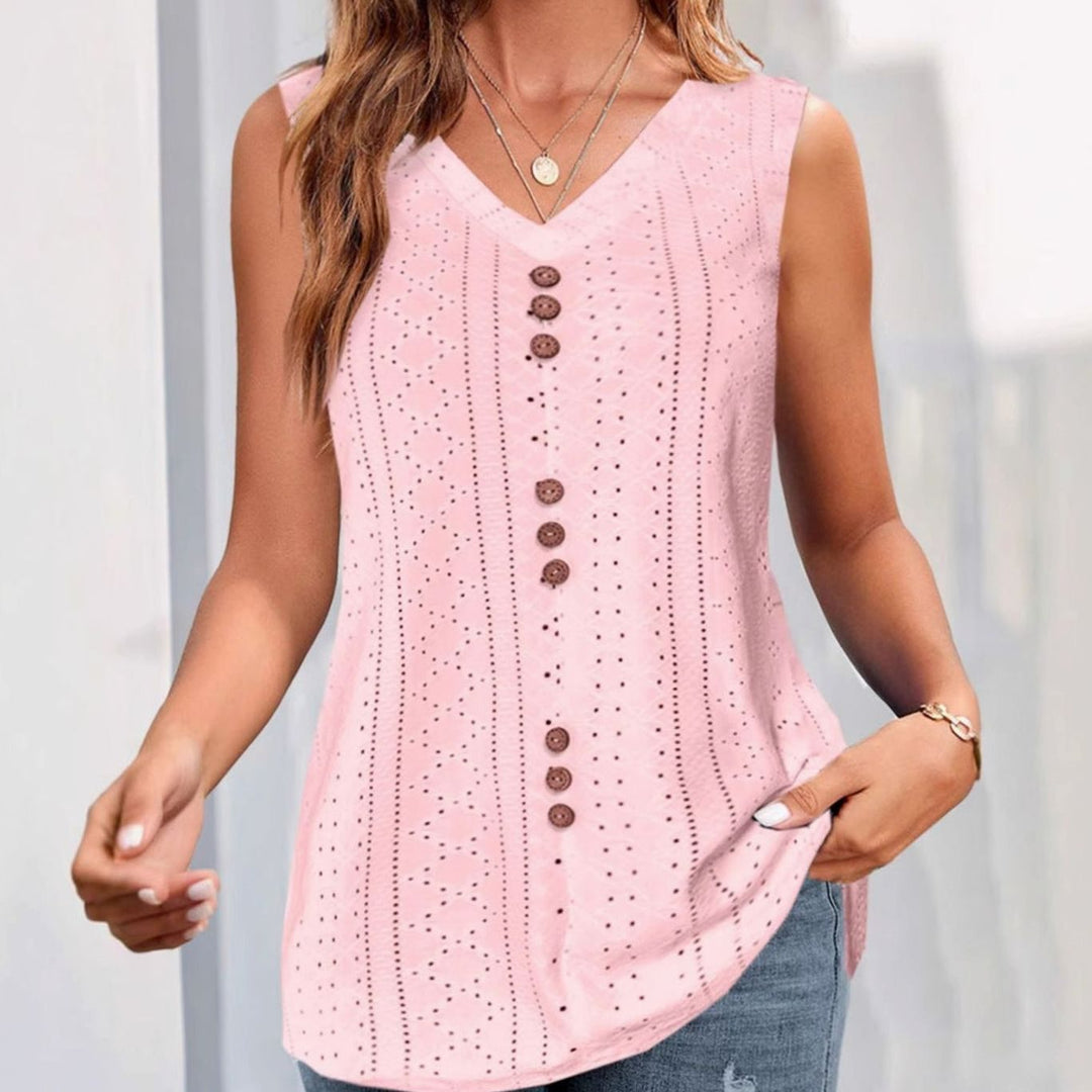 Women's Sleeveless Eyelet Button-Front V-Neck Blouse Top, Pink