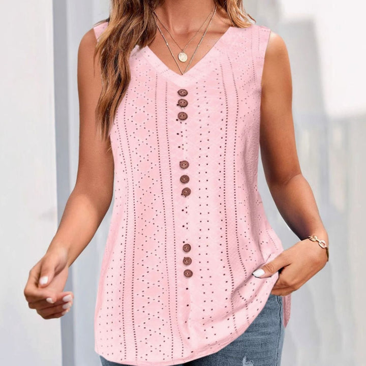 Women's Sleeveless Eyelet Button-Front V-Neck Blouse Top, Pink