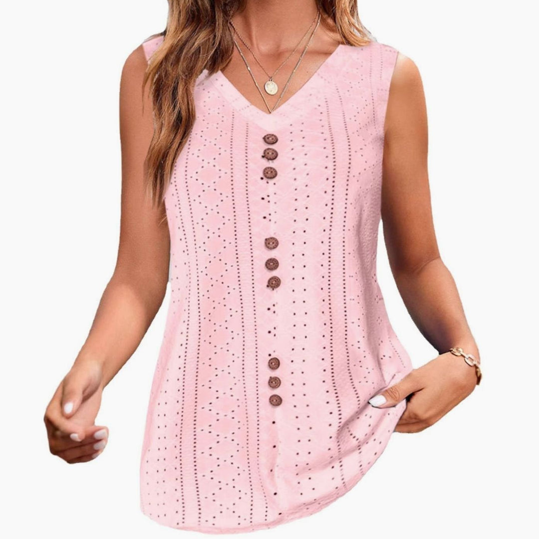 Women's Sleeveless Eyelet Button-Front V-Neck Blouse Top, Pink